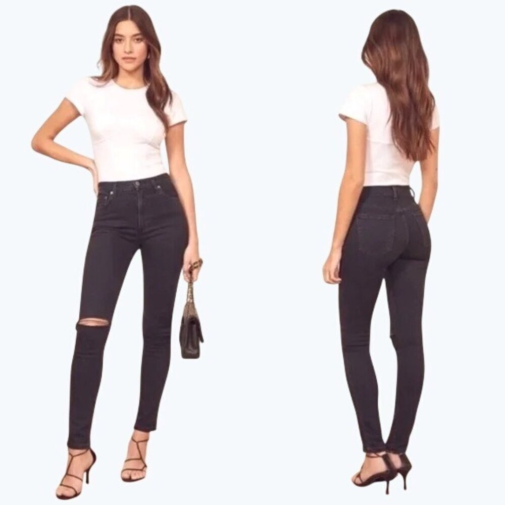 Reformation Womens Black Mid Skinny Jeans With Distressed Knees Size 26 - Picture 16 of 16